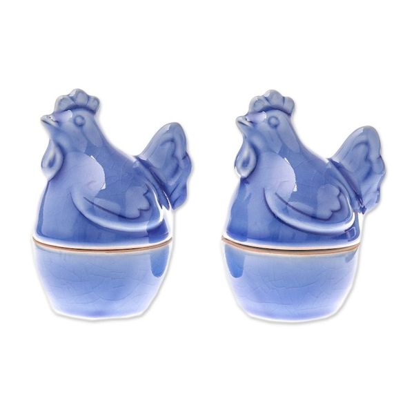 Alternate image for Blue Ceramic Hen Egg Cups from Thailand Pair Hen Breakfast