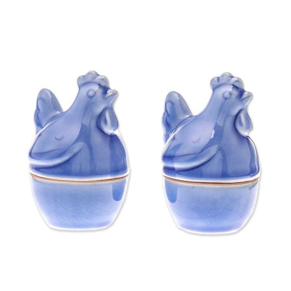 Alternate image for Blue Ceramic Hen Egg Cups from Thailand Pair Hen Breakfast