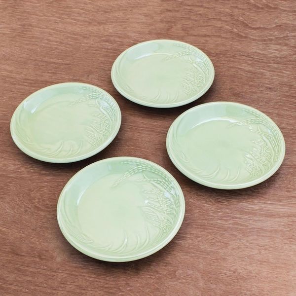 Alternate image for Rice-Themed Celadon Ceramic Plates from Thailand Set of 4 Thai Rice