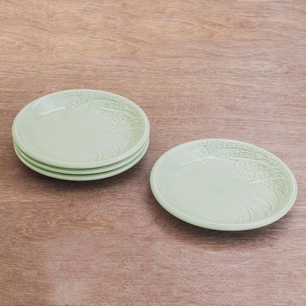 Alternate image for Rice-Themed Celadon Ceramic Plates from Thailand Set of 4 Thai Rice