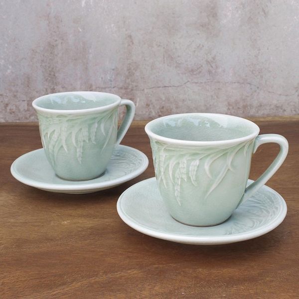 Alternate image for Handcrafted Celadon Green Ceramic Cups and Saucers Pair Waving Grains