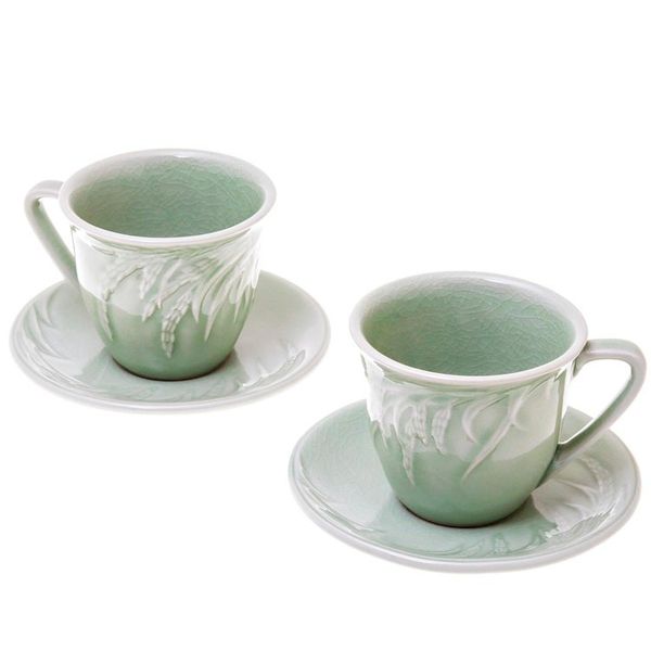 Alternate image for Handcrafted Celadon Green Ceramic Cups and Saucers Pair Waving Grains