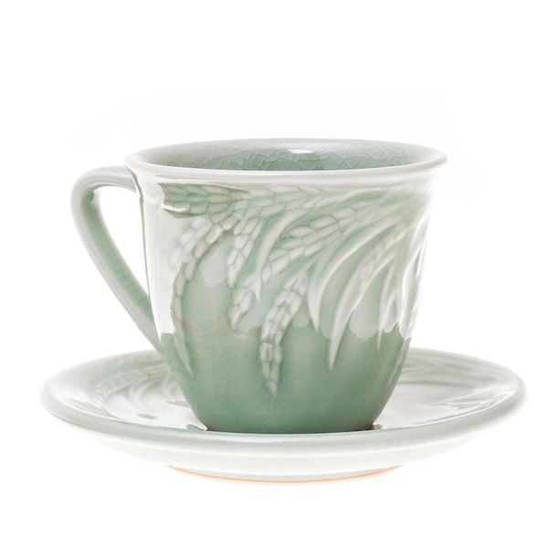 Alternate image for Handcrafted Celadon Green Ceramic Cups and Saucers Pair Waving Grains