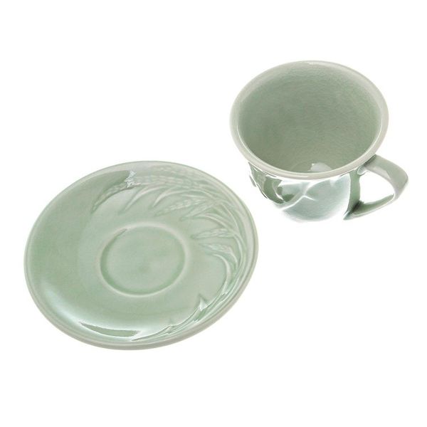 Alternate image for Handcrafted Celadon Green Ceramic Cups and Saucers Pair Waving Grains