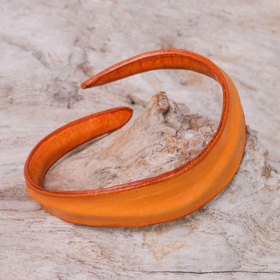 Handmade Leather Wristband Bracelet in Saffron from Thailand 'Wavy Embrace in Saffron'
