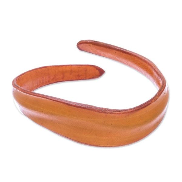 Alternate image for Handmade Leather Wristband Bracelet in Saffron from Thailand Wavy Embrace in Saffron