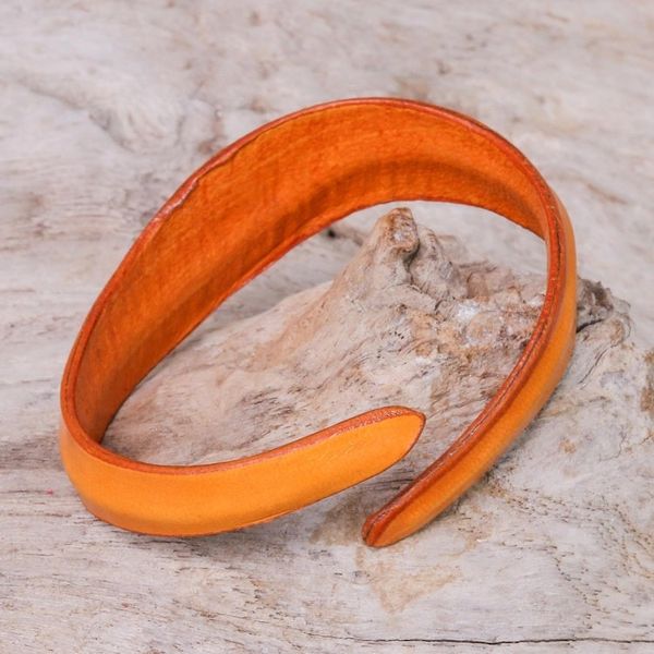 Alternate image for Handmade Leather Wristband Bracelet in Saffron from Thailand Wavy Embrace in Saffron