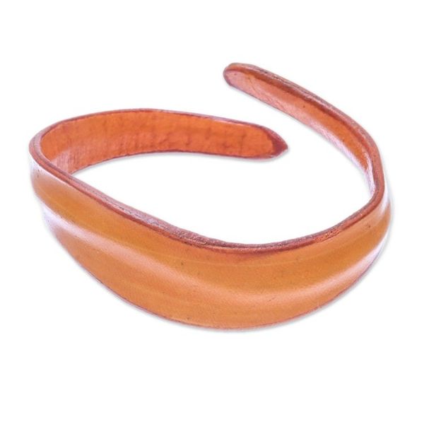 Alternate image for Handmade Leather Wristband Bracelet in Saffron from Thailand Wavy Embrace in Saffron