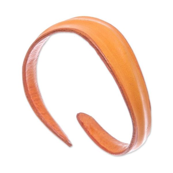 Alternate image for Handmade Leather Wristband Bracelet in Saffron from Thailand Wavy Embrace in Saffron
