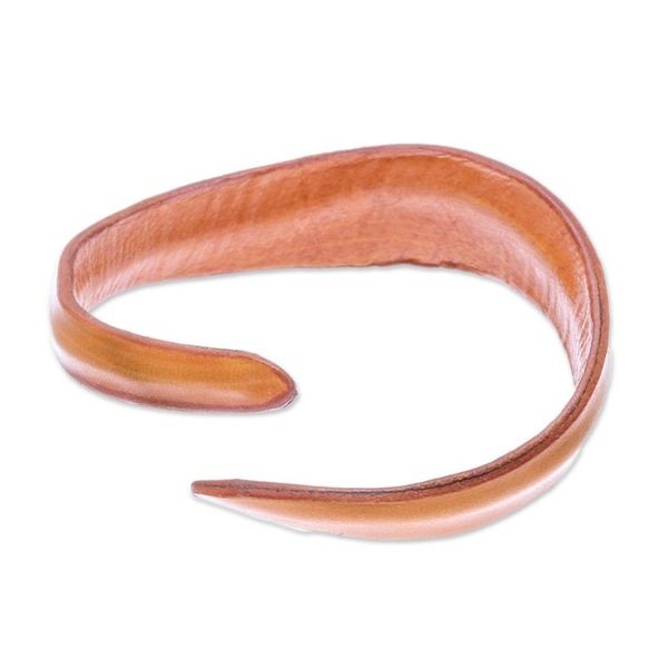 Alternate image for Handmade Leather Wristband Bracelet in Saffron from Thailand Wavy Embrace in Saffron