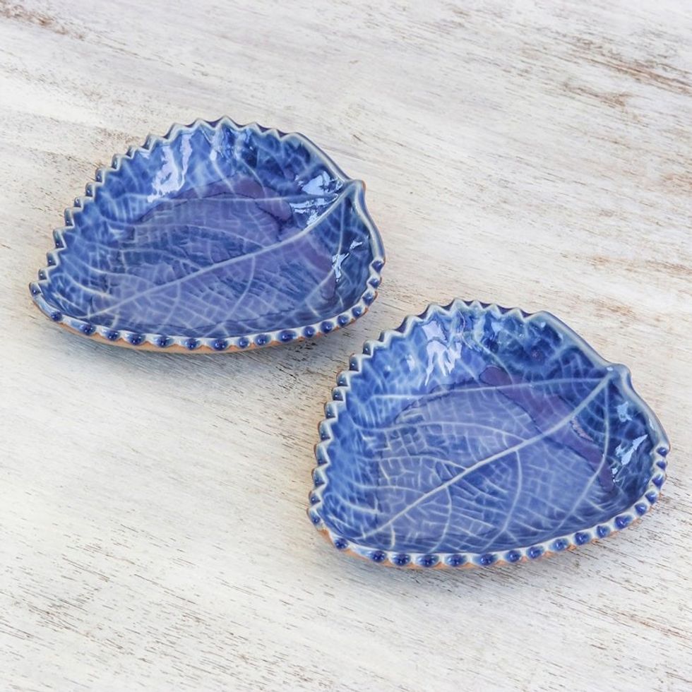Leaf-Shaped Blue Ceramic Bowls from Thailand Pair 'Leaves of the Forest'