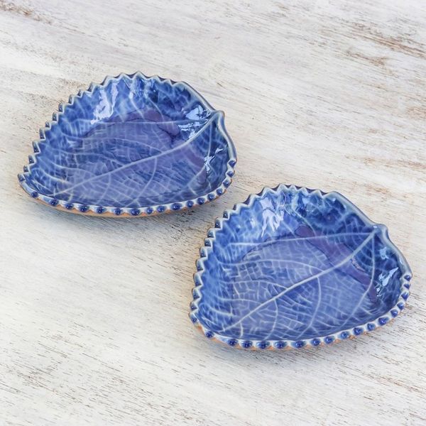 Alternate image for Leaf-Shaped Blue Ceramic Bowls from Thailand Pair Leaves of the Forest