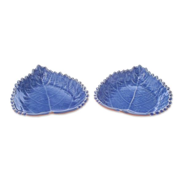 Alternate image for Leaf-Shaped Blue Ceramic Bowls from Thailand Pair Leaves of the Forest