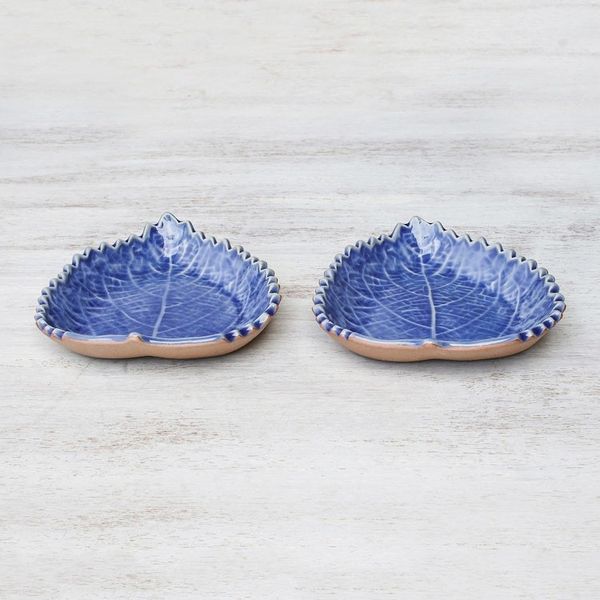Alternate image for Leaf-Shaped Blue Ceramic Bowls from Thailand Pair Leaves of the Forest