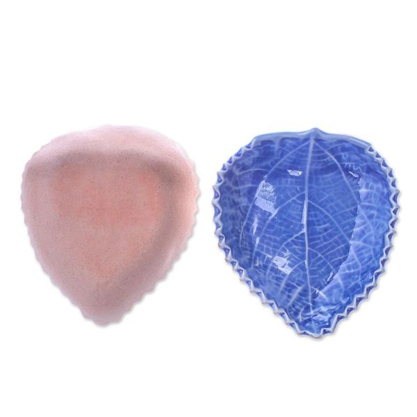 Alternate image for Leaf-Shaped Blue Ceramic Bowls from Thailand Pair Leaves of the Forest