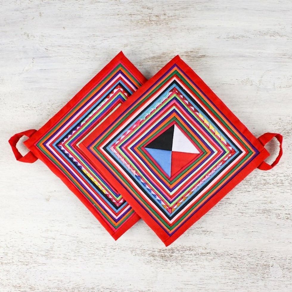 Pair of Handmade Cotton Blend Trivets from Thailand 'Lahu Cooking in Red'