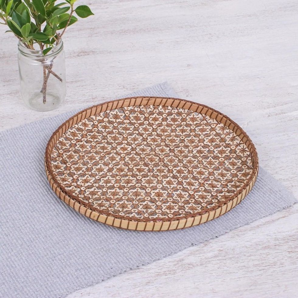 Handcrafted Woven Flower Motif Rattan Tray 10 inch 'Presenting Pikul'