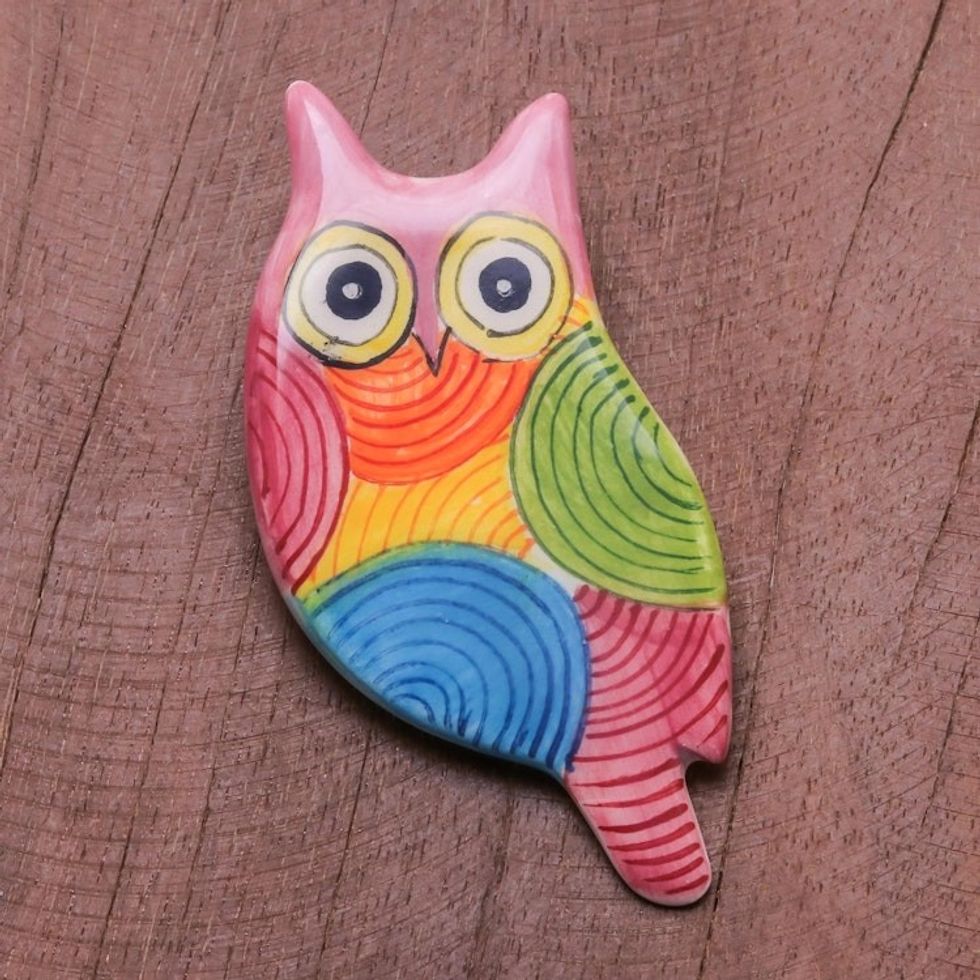 Colorful Ceramic Owl Brooch from Thailand 'Rainbow Owl'
