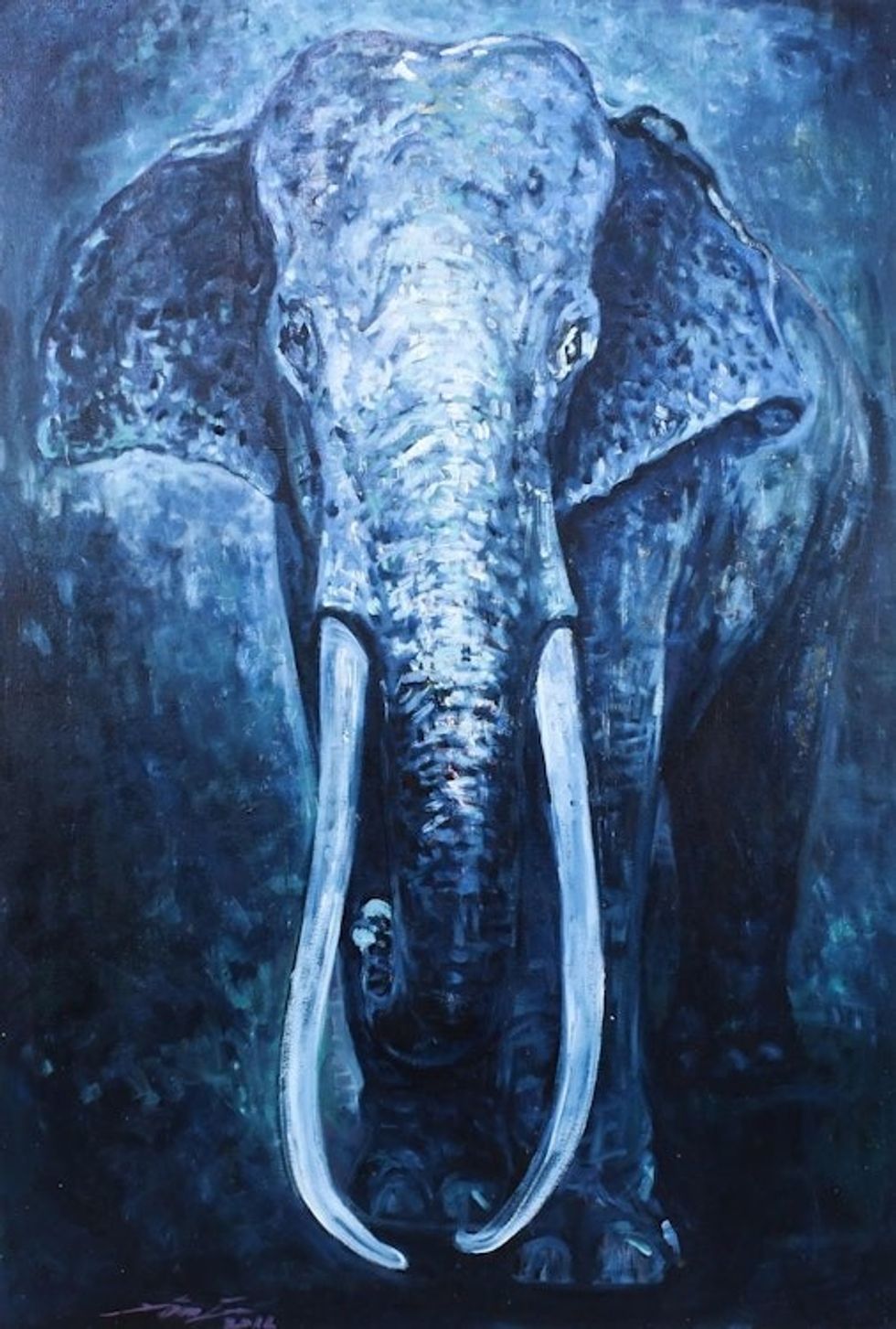 Original Oil On Canvas of Elephant in Blue Shades 'The Great Elephant'