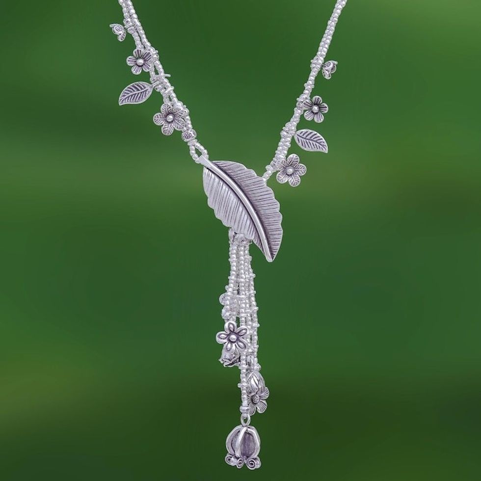Flower and Leaf Themed 950 Silver Y-Necklace 'Like Paradise'