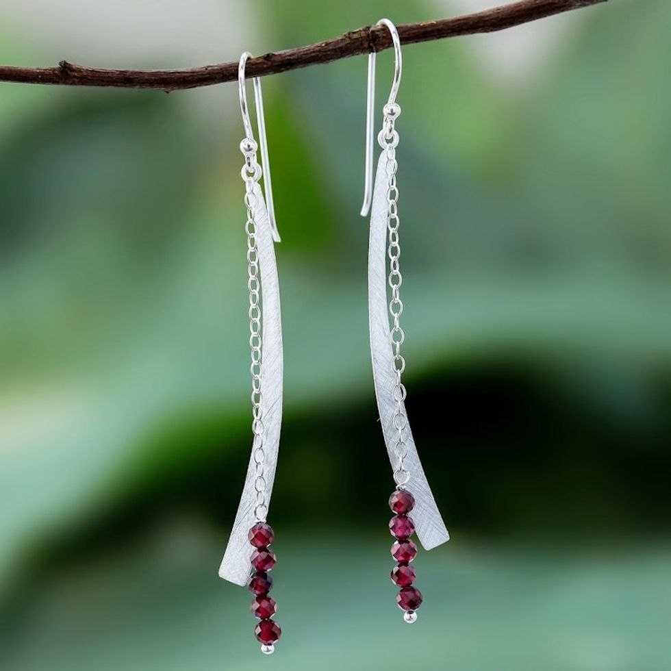 Modern Garnet Beaded Dangle Earrings from Thailand 'Bright Curve'