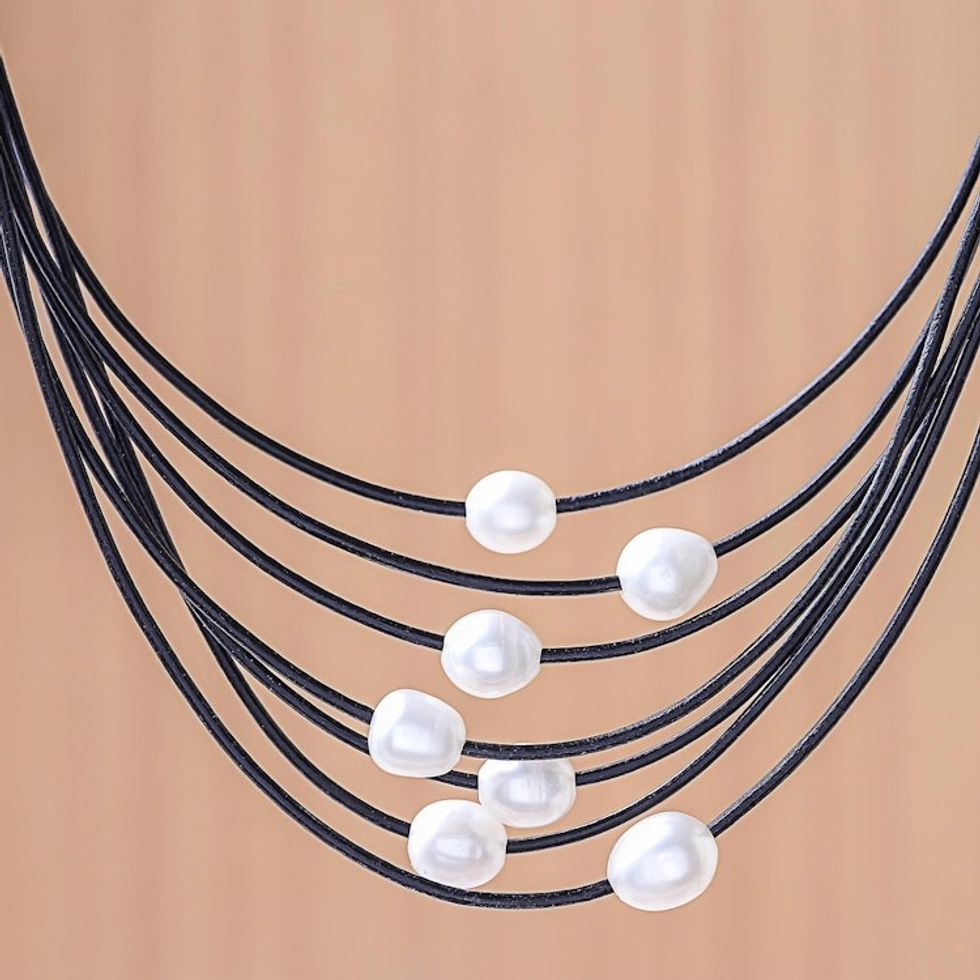 Cultured Pearl Pendant Necklace on Black Cord from Thailand 'Luminous Pebbles in Black'
