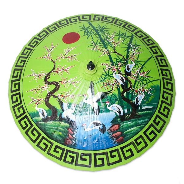 Alternate image for Crane-Themed Cotton and Bamboo Parasol in Spring Green Meeting Point