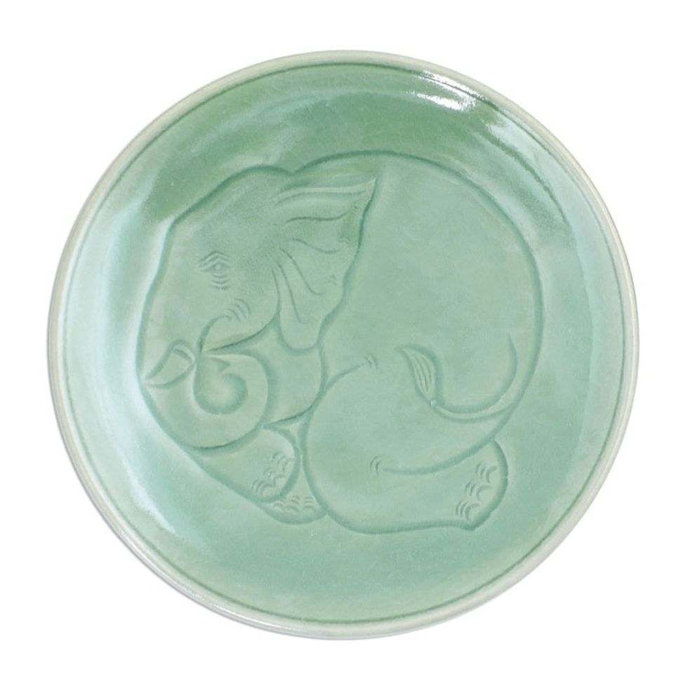 Elephant Motif Handcrafted Thai Celadon Ceramic Dinner Plate 'Sleeping Elephant'