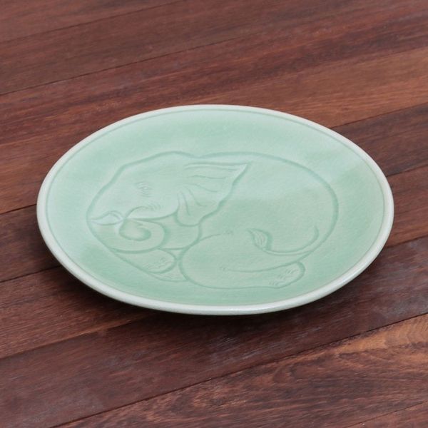 Alternate image for Elephant Motif Handcrafted Thai Celadon Ceramic Dinner Plate Sleeping Elephant