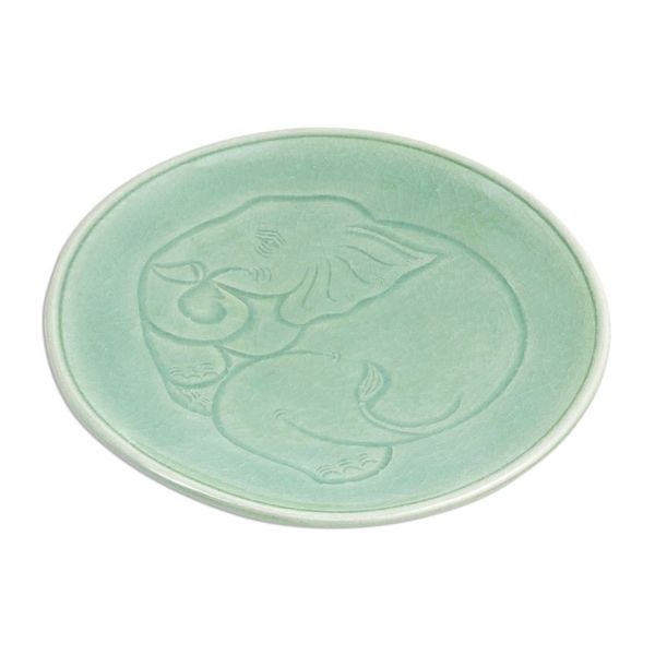 Alternate image for Elephant Motif Handcrafted Thai Celadon Ceramic Dinner Plate Sleeping Elephant