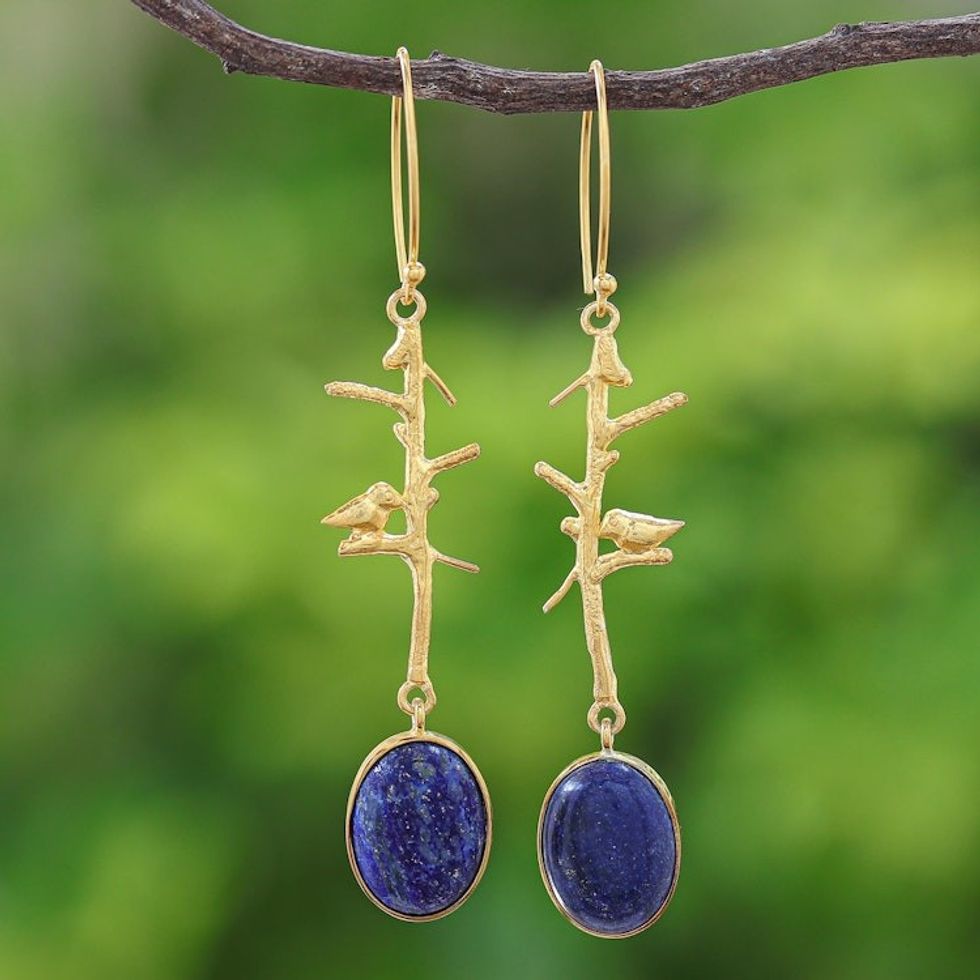 Nature-Themed Gold Plated Lapis Lazuli Dangle Earrings 'Bird on a Branch'