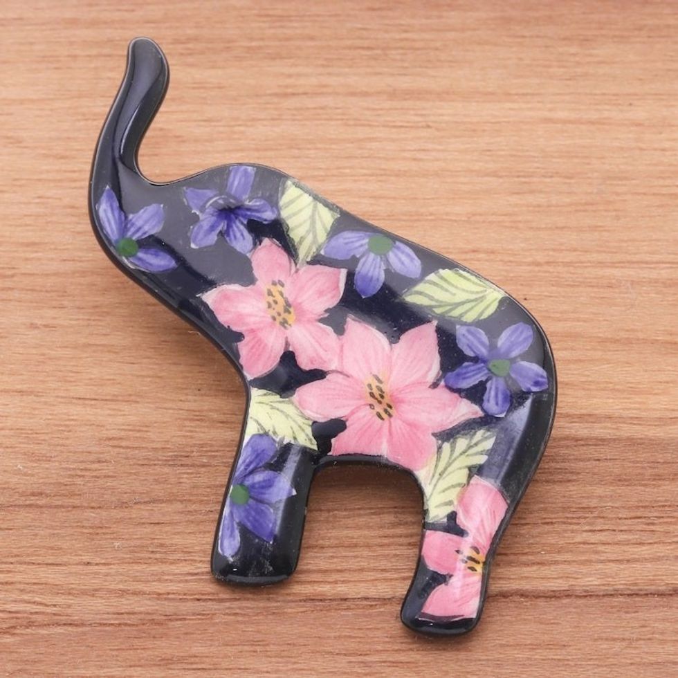 Hand Painted Elephant Brooch Pin with Flowers on Black 'Black Floral Elephant'