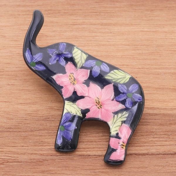 Alternate image for Hand Painted Elephant Brooch Pin with Flowers on Black Black Floral Elephant