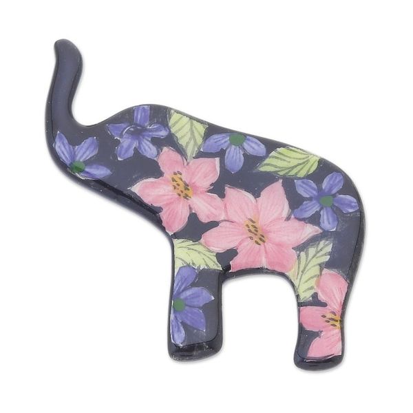 Alternate image for Hand Painted Elephant Brooch Pin with Flowers on Black Black Floral Elephant