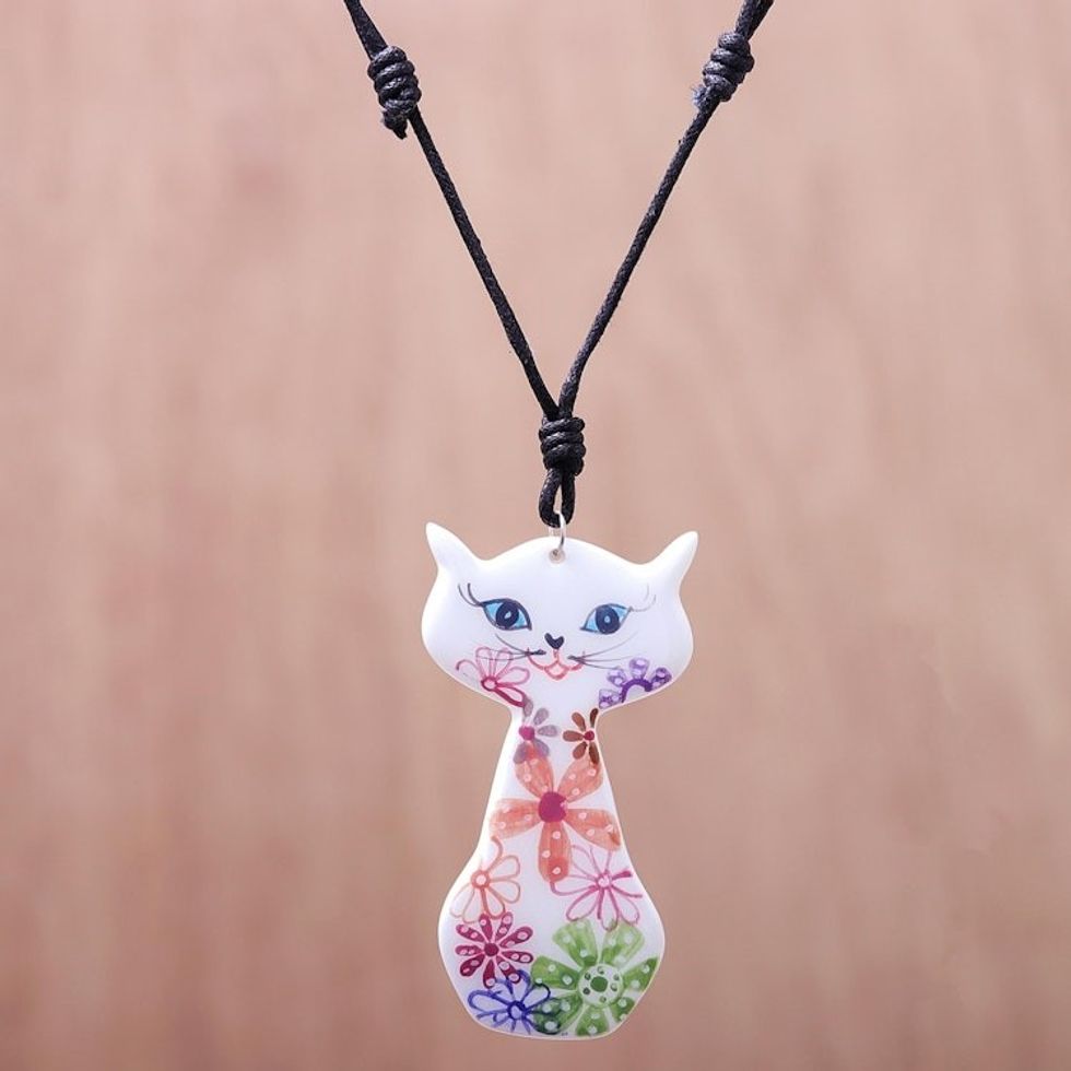 Ceramic Floral Cat Pendant Necklace from Thailand 'Daisy Cat'