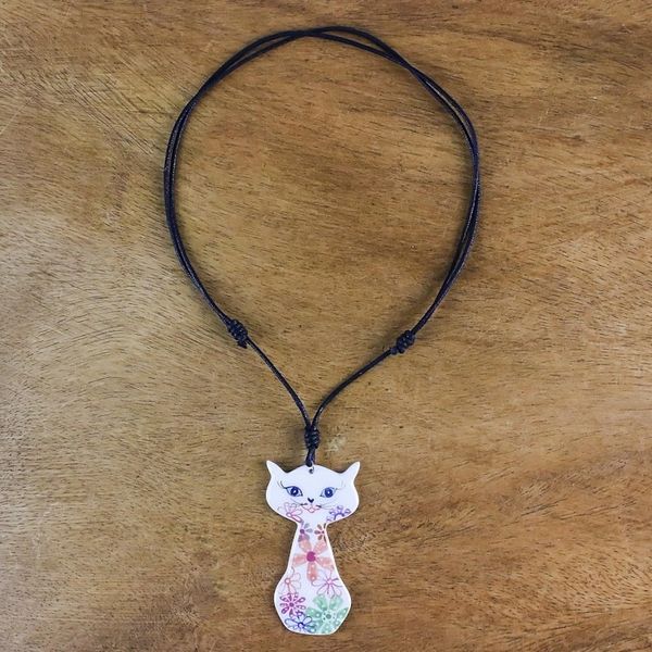 Alternate image for Ceramic Floral Cat Pendant Necklace from Thailand Daisy Cat