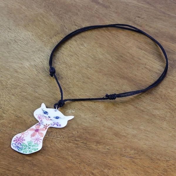 Alternate image for Ceramic Floral Cat Pendant Necklace from Thailand Daisy Cat