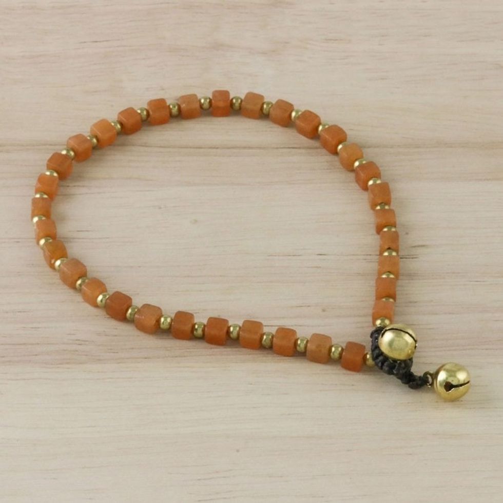 Handmade Orange Quartz and Brass Beaded Anklet from Thailand 'Sunset Dreams'
