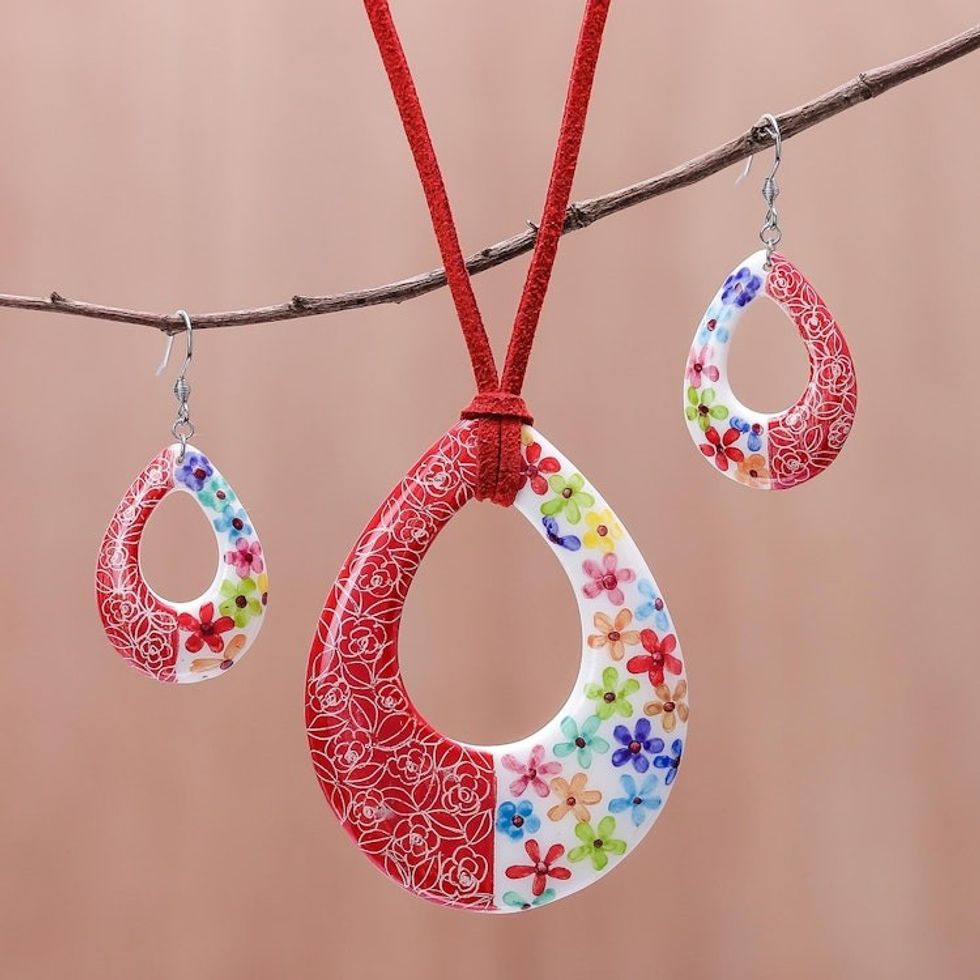 Floral Ceramic Jewelry Set Crafted in Thailand 'Thai Blossom'