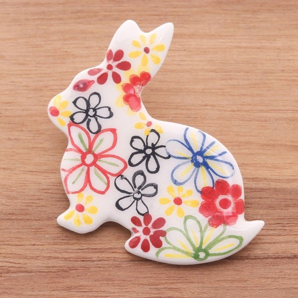 Hand Painted White Rabbit Brooch Pin with Flowers 'White Floral Rabbit'