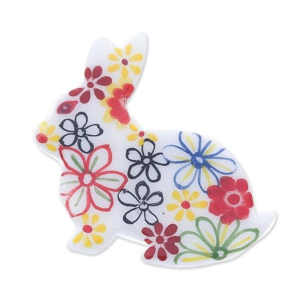 Alternate image for Hand Painted White Rabbit Brooch Pin with Flowers White Floral Rabbit