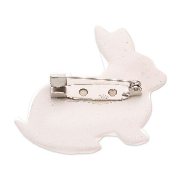 Alternate image for Hand Painted White Rabbit Brooch Pin with Flowers White Floral Rabbit