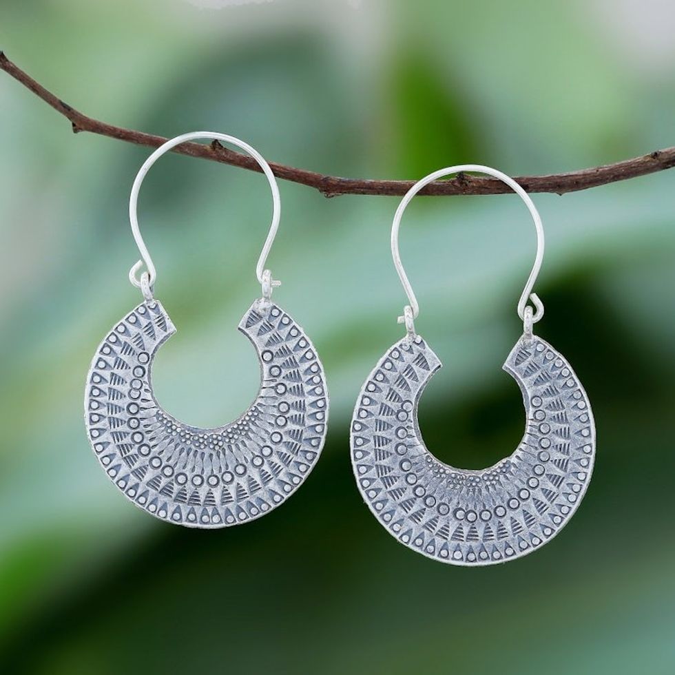 Patterned Crescent Sterling Silver Hoop Earrings 'Crescent Patterns'