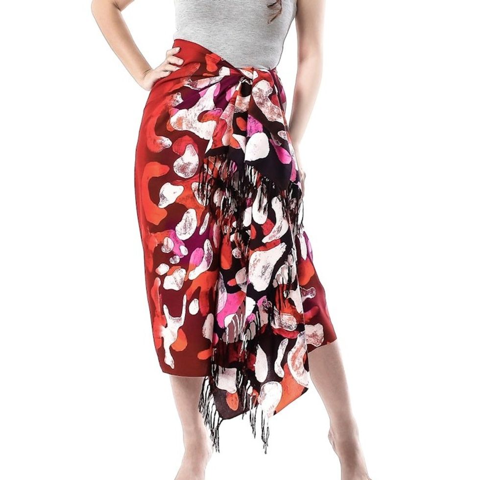 Hand-Painted Cotton Sarong in Crimson from Thailand 'Crimson Dance'