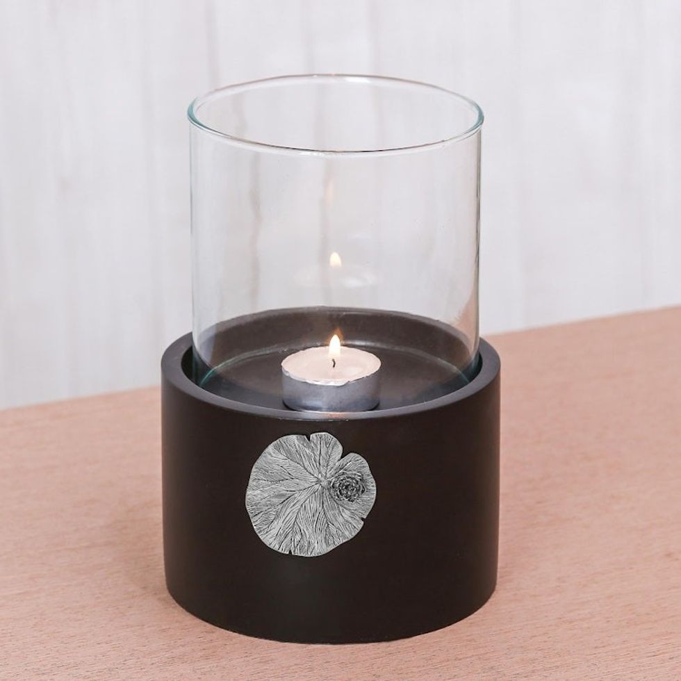 Lotus Motif Wood and Pewter Tealight Holder 'Elegant Lotus'