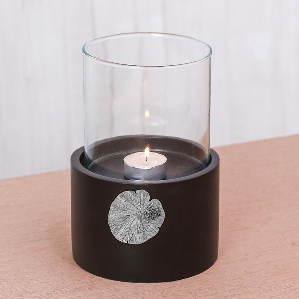 Alternate image for Lotus Motif Wood and Pewter Tealight Holder Elegant Lotus