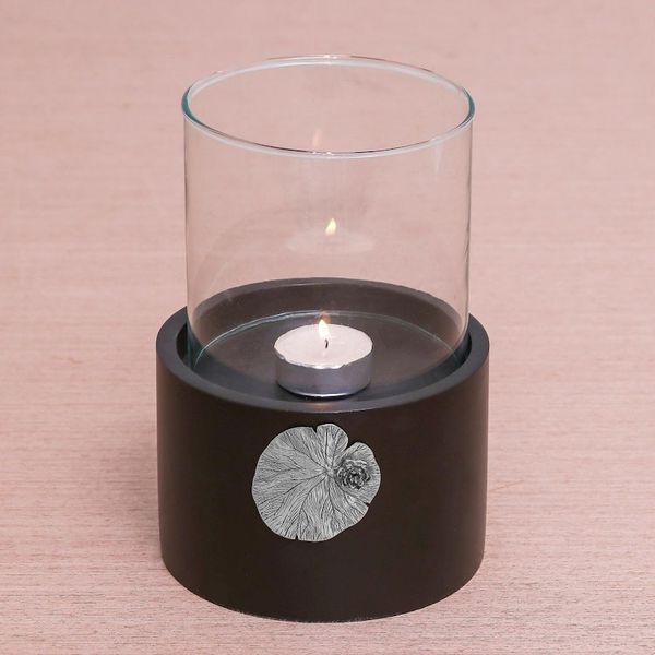 Alternate image for Lotus Motif Wood and Pewter Tealight Holder Elegant Lotus
