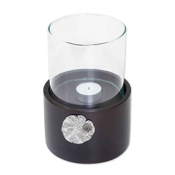 Alternate image for Lotus Motif Wood and Pewter Tealight Holder Elegant Lotus