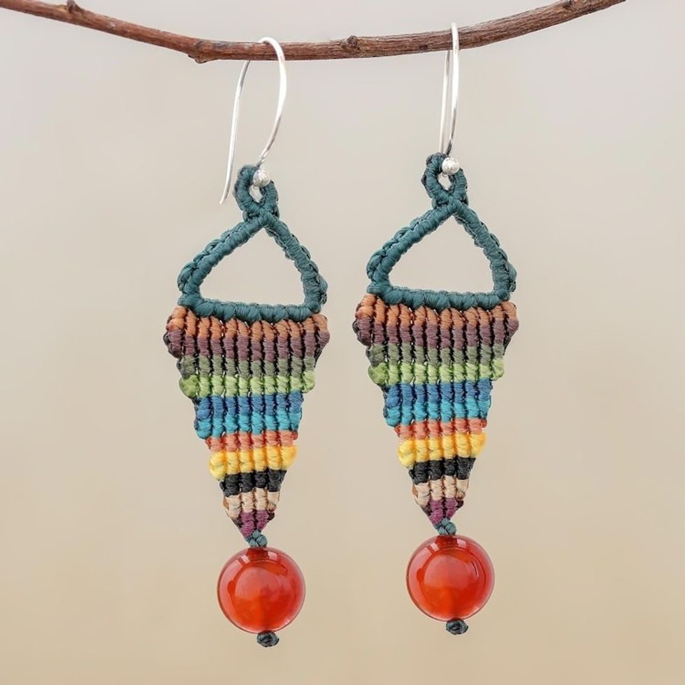 Rainbow Chalcedony Macrame Dangle Earrings from Thailand 'Rainbow Charm'