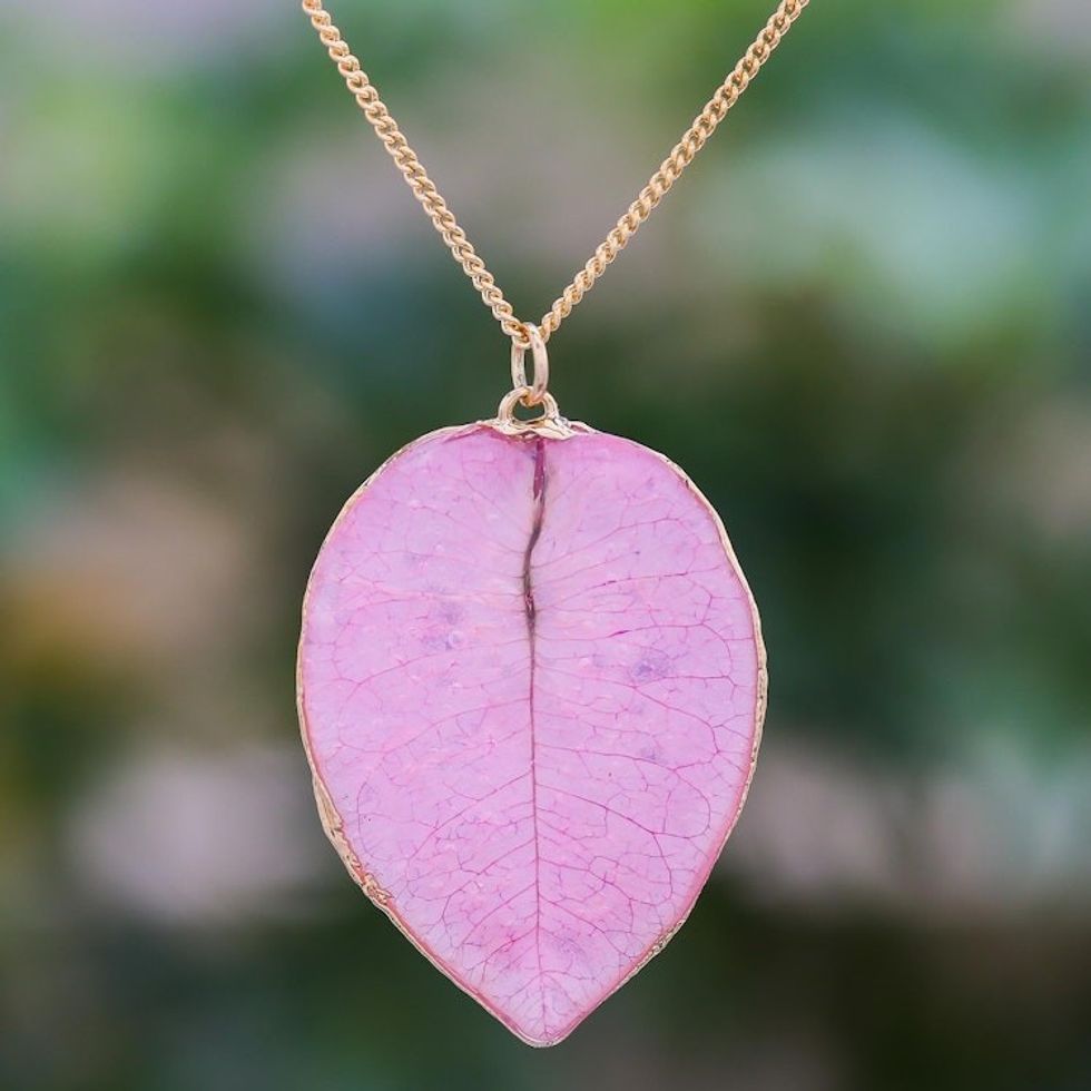 Gold Accented Natural Flower Pendant Necklace in Pink 'Bougainvillea Love in Pink'